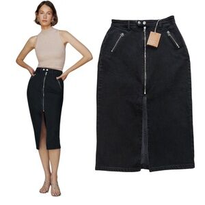 NWT REFORMATION Leilani Denim Midi Skirt Black Size 26